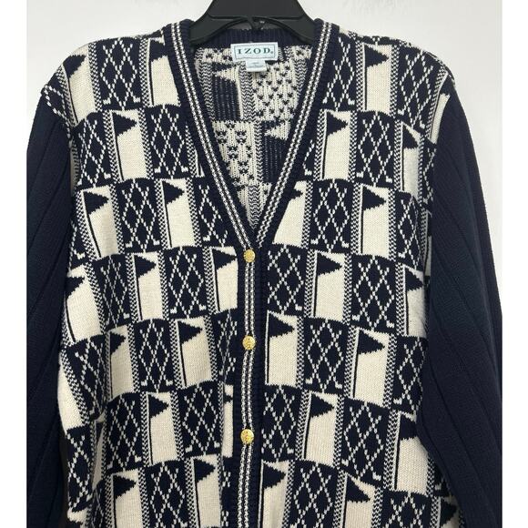 Vintage IZOD Cotton Nautical Flag Knit Cardigan Sweater Navy Cream L 90s Coastal - Picture 5 of 10